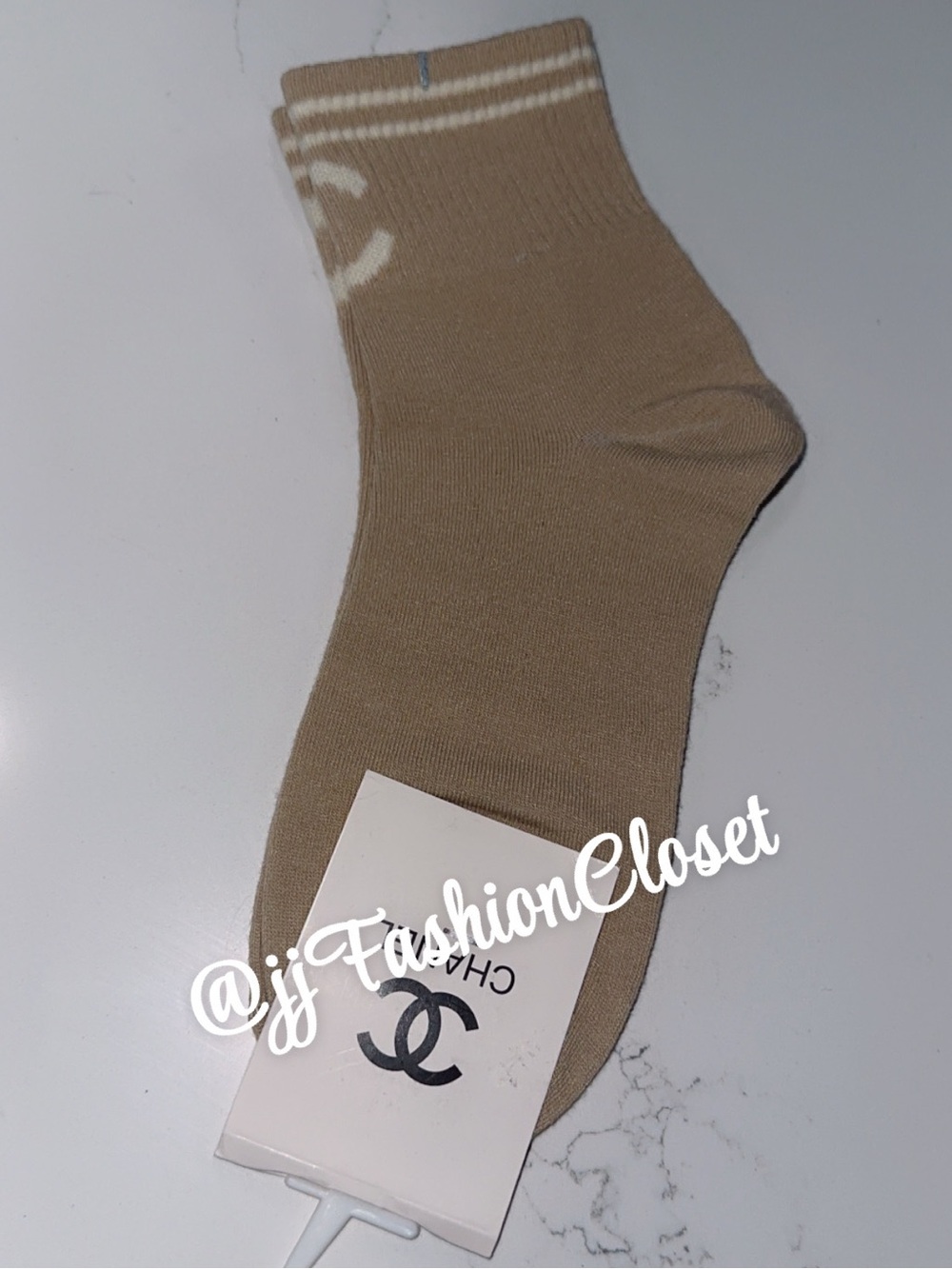 Chic Beige Logo Crew Sock - Luxury Style